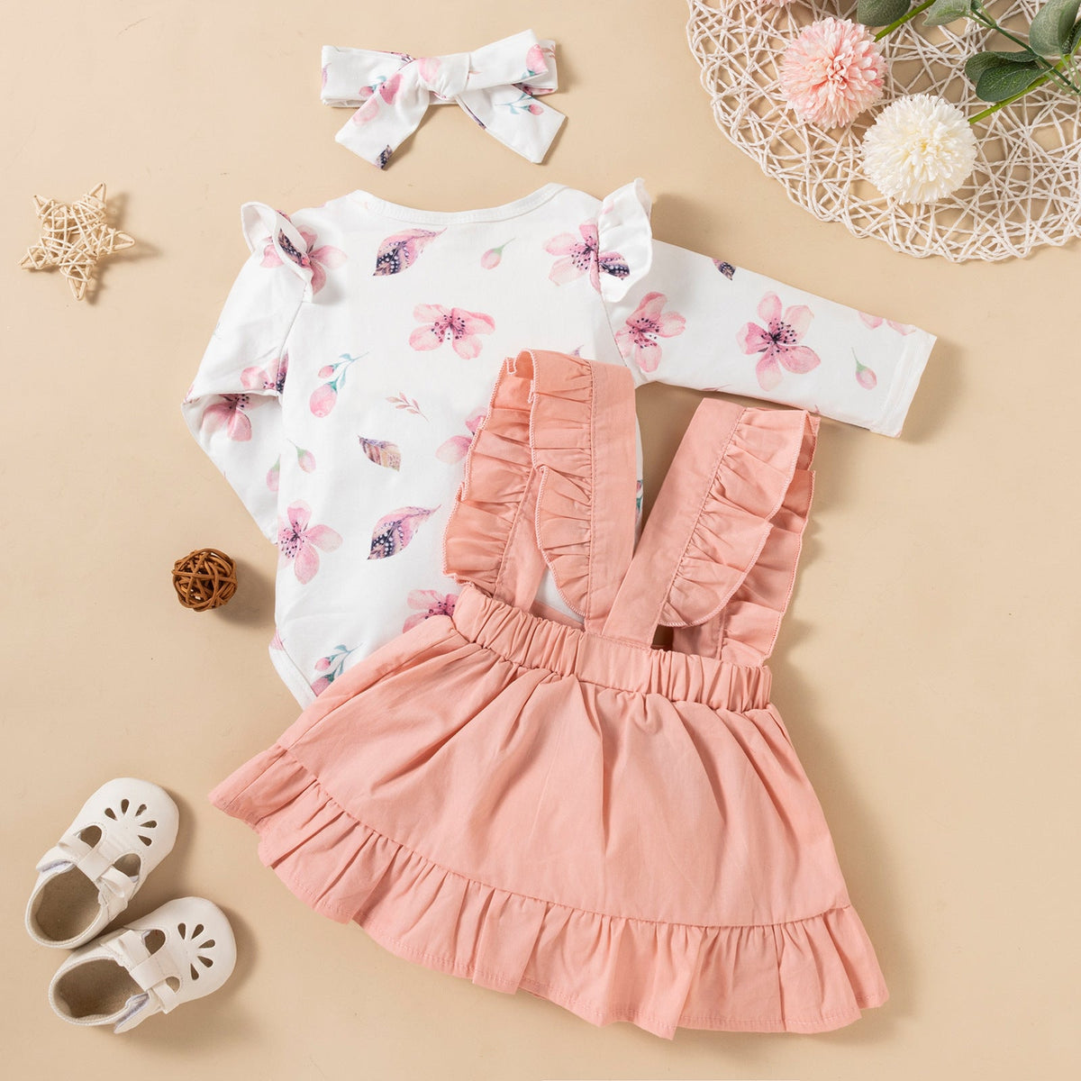 Printed Long-sleeved Baby Girl Romper Two-color Strap Ruffled Dress Headdress Three Pieces My Store