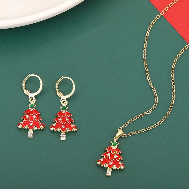 Christmas Tree Enamel And Rhinestone  Jewelry Set - Festive Necklace And Earrings My Store