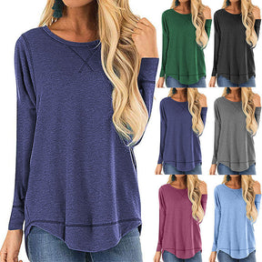 Women's Round Neck Long-sleeve T-shirt Solid Color Loose Top My Store