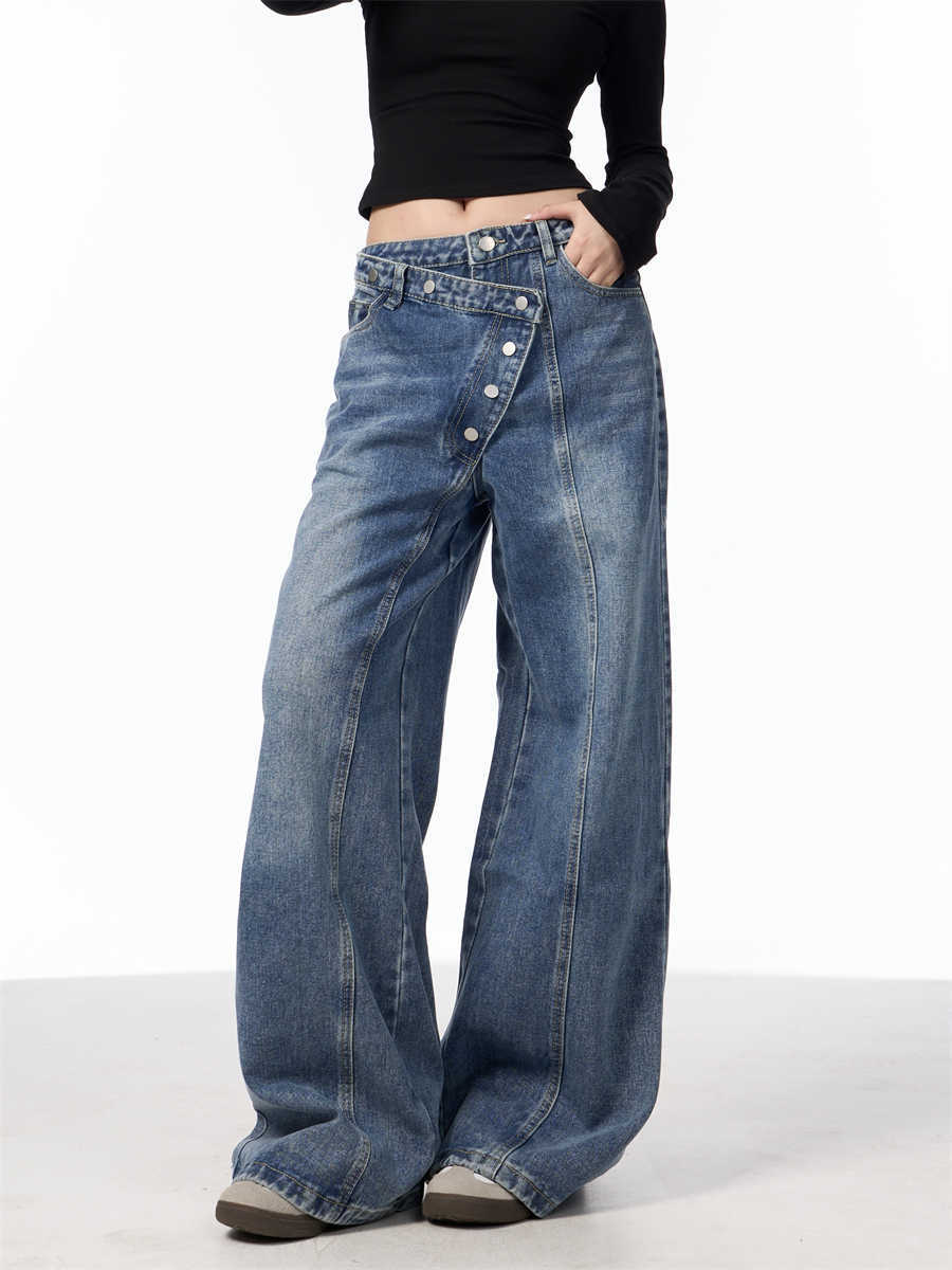 Irregular Breasted Washed Straight Jeans Blue Loose Wide Leg Pants My Store