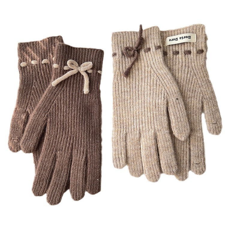 Autumn And Winter New Bow Pure Color Warm Keeping Finger Gloves My Store