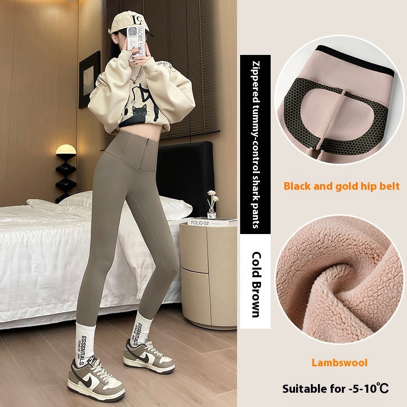 Belly-controlling Butt Lifting Leggings With Three-breasted Design Winter High Waist Slim Zippere Pants Warm Velvet And Thickened Trousers Women Clothing My Store