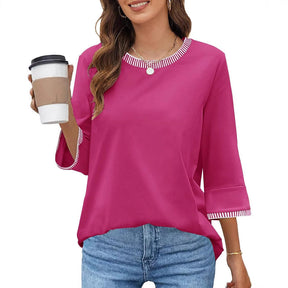 Women's Contrast Color Thread Round Neck Top Solid Color My Store