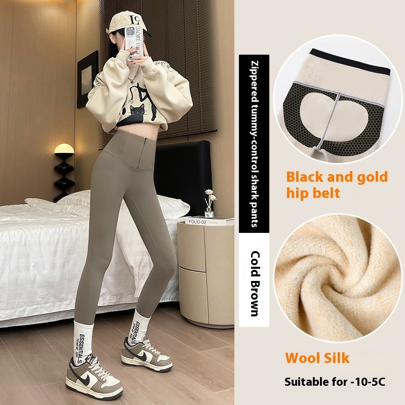 Belly-controlling Butt Lifting Leggings With Three-breasted Design Winter High Waist Slim Zippere Pants Warm Velvet And Thickened Trousers Women Clothing My Store