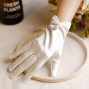 French Hepburn Style Short Pearl Satin Bridal Gloves My Store