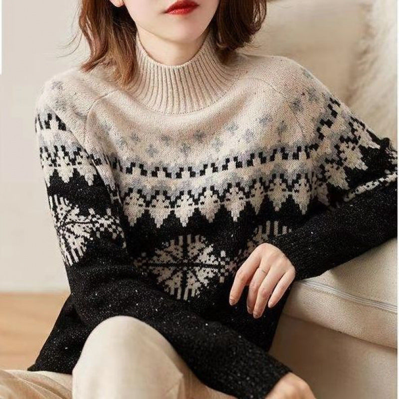 Autumn And Winter Spring New Half Turtleneck Knitted Snowflake Retro Loose Sweater My Store