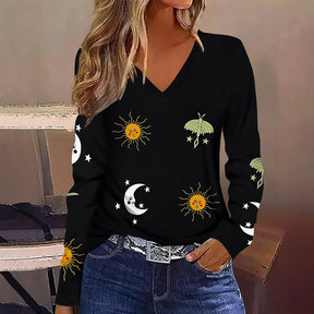 Sun Moon Star Butterfly Graphic Breathable Printed V-neck Long Sleeve T-shirt My Store