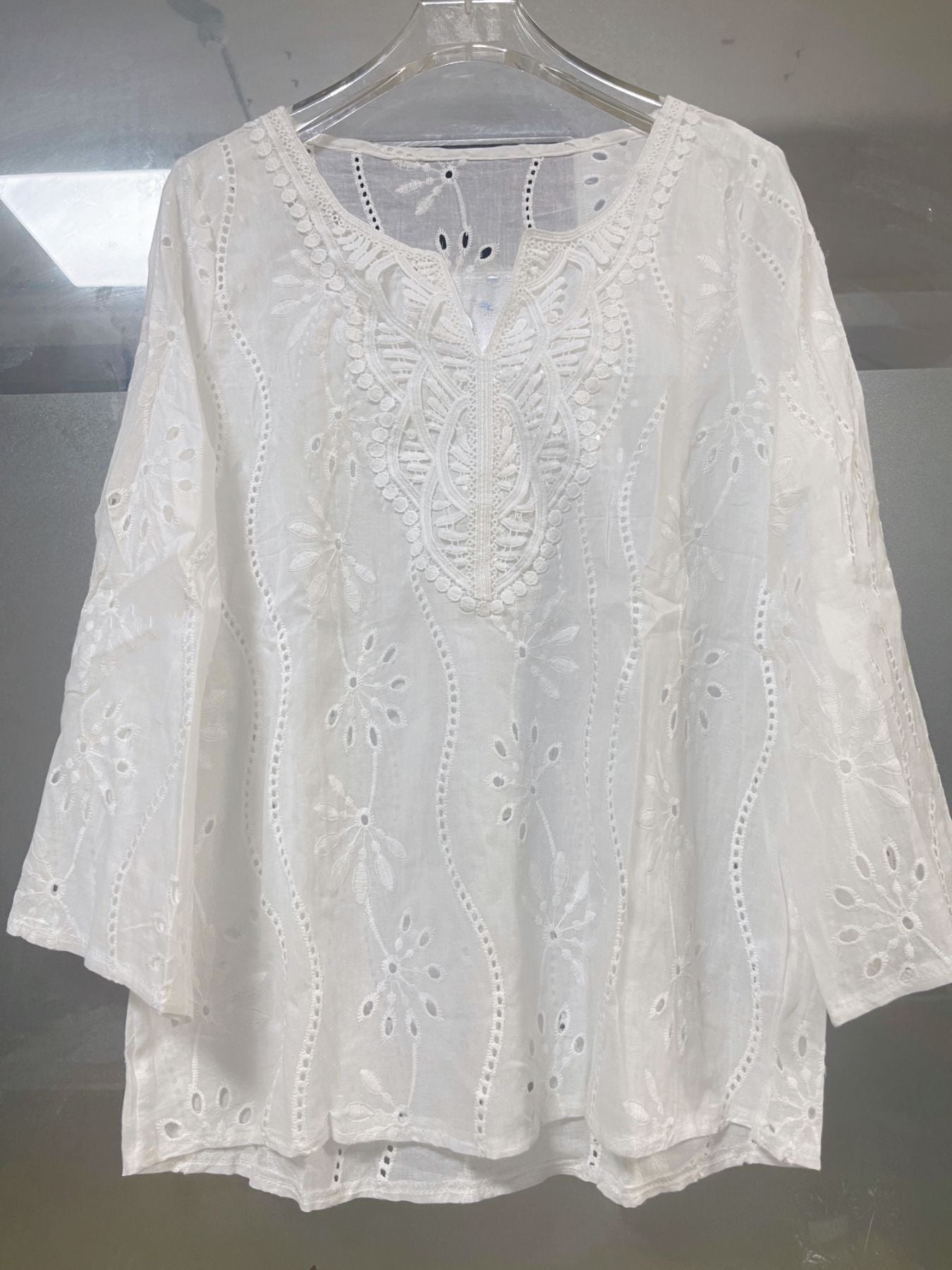 Loose V-neck Temperament Commute Embroidered Bell Sleeve Lace Top My Store