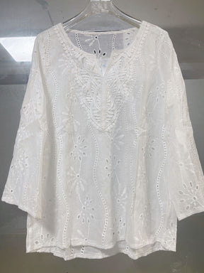 Loose V-neck Temperament Commute Embroidered Bell Sleeve Lace Top My Store