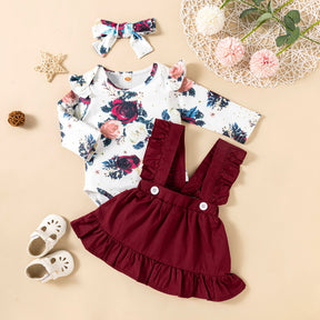 Printed Long-sleeved Baby Girl Romper Two-color Strap Ruffled Dress Headdress Three Pieces My Store