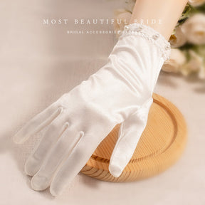 White Satin Short Gloves Lace Pearl Accessories My Store