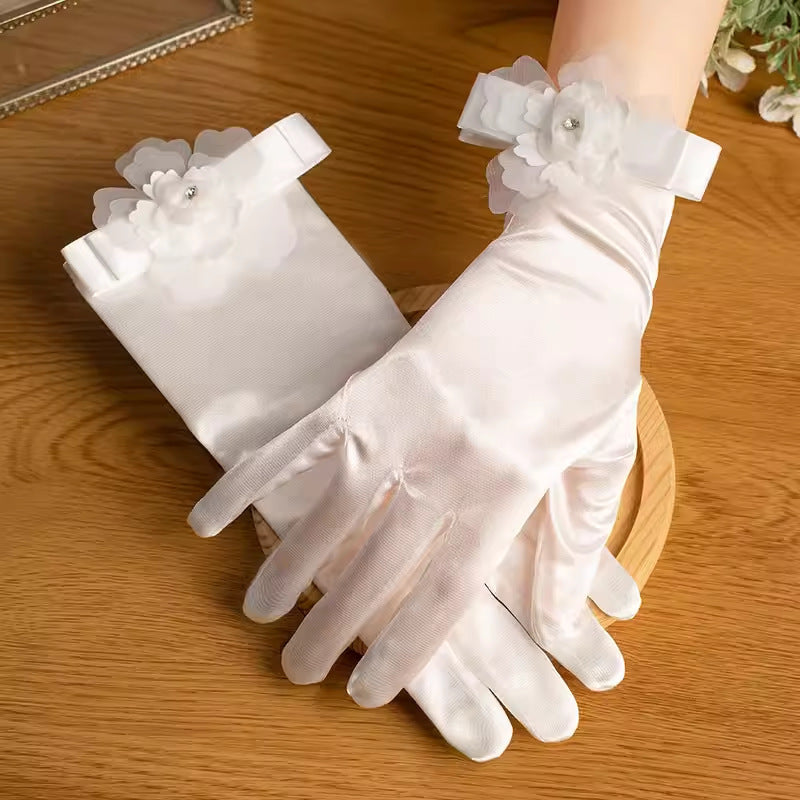 White Satin Short Gloves Lace Pearl Accessories My Store