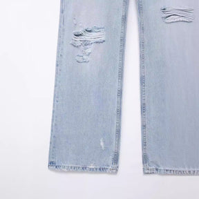 Women's Fashion Holes Decorative Mid-waist Wide-leg Jeans My Store