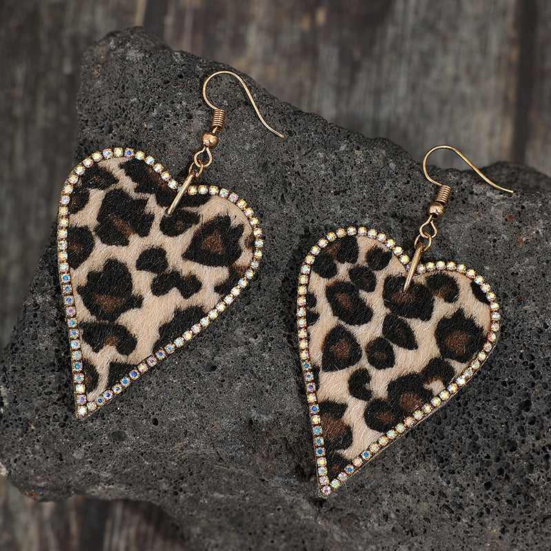 New Retro Style Valentine's Day Leopard Diamond Love Heart Earrings My Store