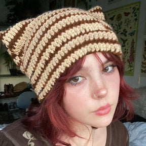 Cute Cat Ears Striped Handmade Knitted Wool Hat My Store