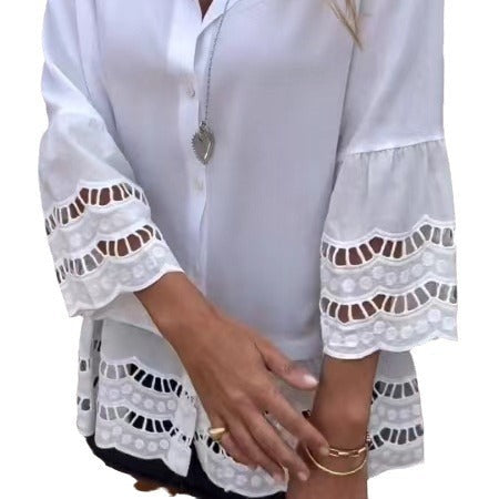 Lapel Long Sleeve Lace Ruffles Lotus Leaf Loose Shirt My Store