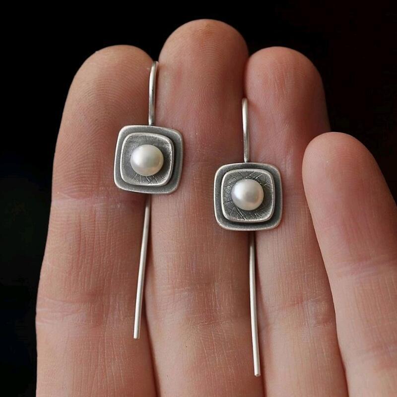 Geometric Square Distressed Pearl Earrings For Women My Store