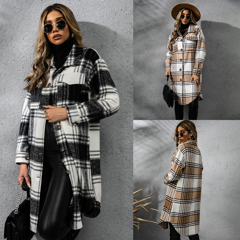 Fashion Plaid Single Row Button Coarse Wool Coat For Women My Store