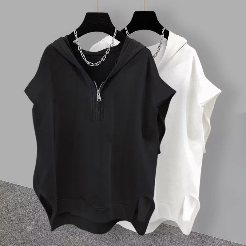 Solid Color Zipper Hooded Sleeveless T-shirt Men's Summer My Store