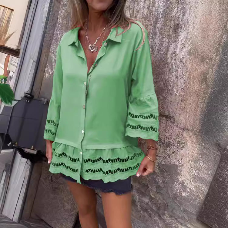 Lapel Long Sleeve Lace Ruffles Lotus Leaf Loose Shirt My Store