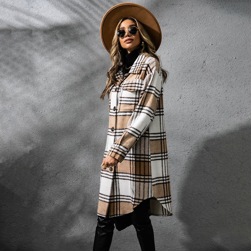 Fashion Plaid Single Row Button Coarse Wool Coat For Women My Store