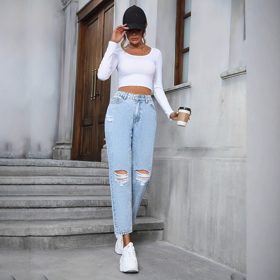 Women's Casual Loose Straight Ripped Denim Trousers My Store