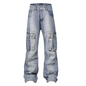 High Street American Washed Distressed Pleated Multi-pocket Denim Overalls My Store