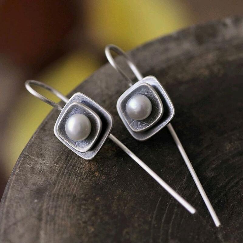 Geometric Square Distressed Pearl Earrings For Women My Store