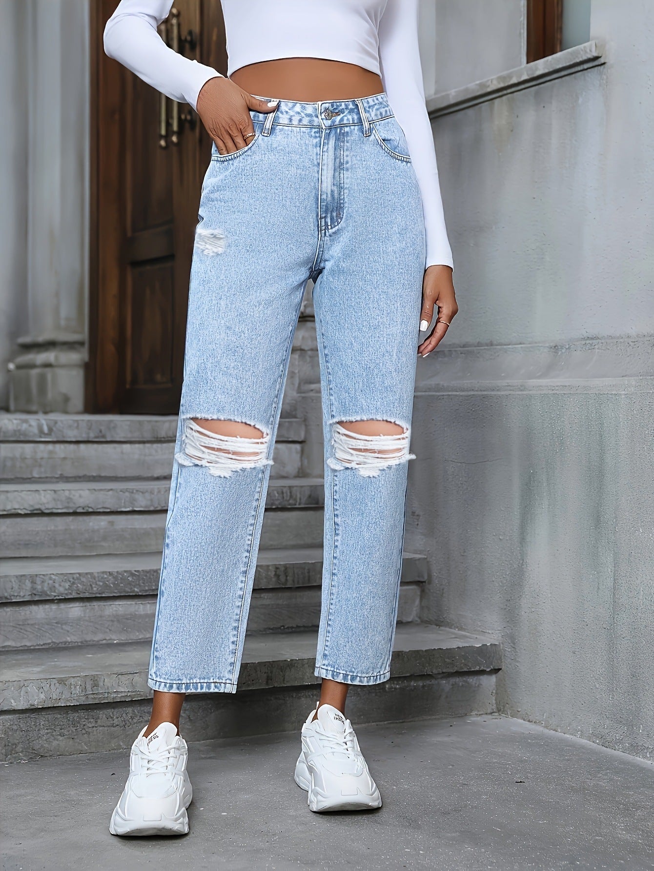 Women's Casual Loose Straight Ripped Denim Trousers My Store