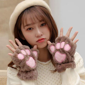 Autumn And Winter Student Plush Cat's Paw Half Finger Gloves For Men And Women My Store