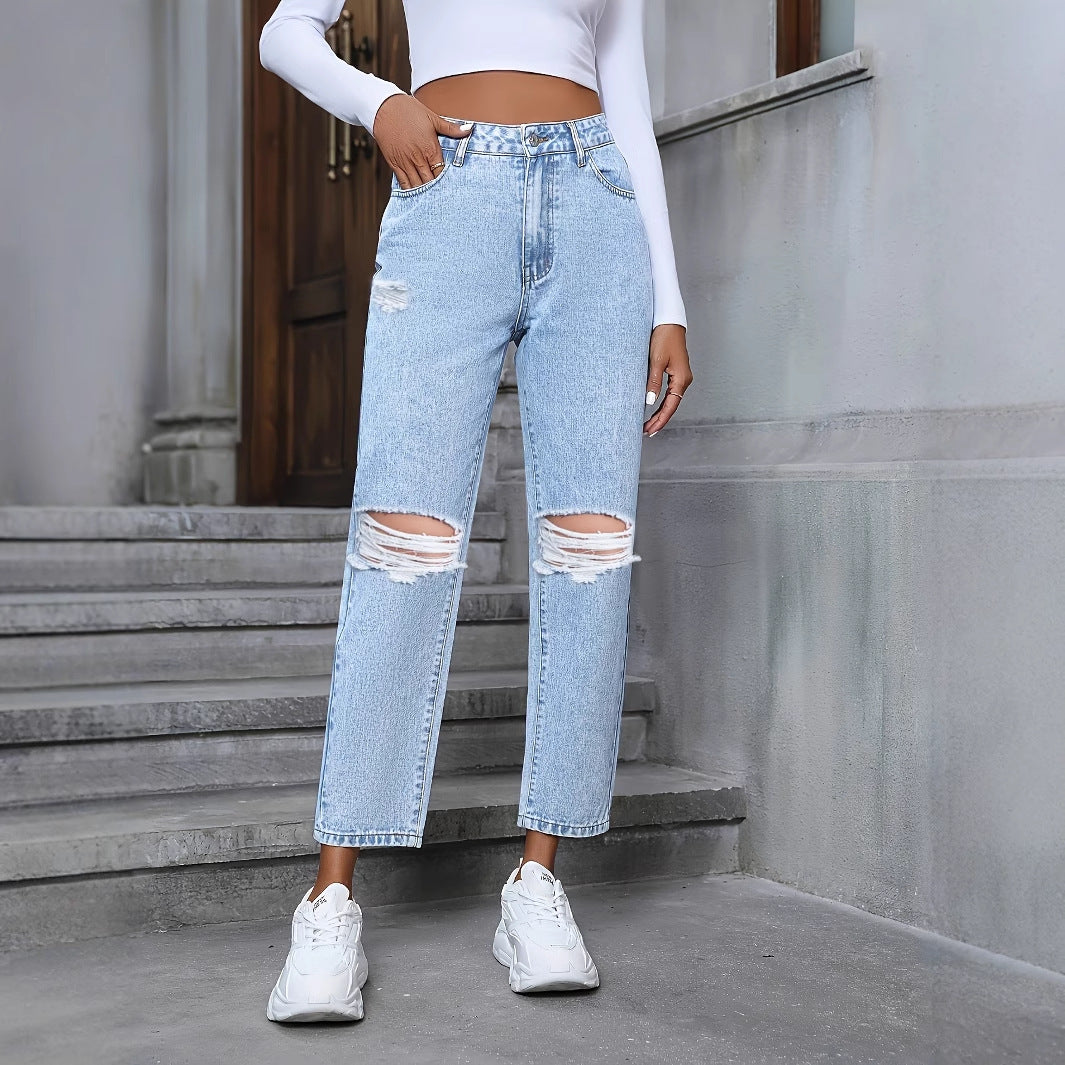 Women's Casual Loose Straight Ripped Denim Trousers My Store