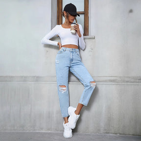 Women's Casual Loose Straight Ripped Denim Trousers My Store