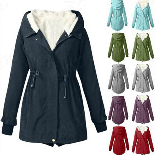 Women's Autumn And Winter Solid Color Casual Waist Tight Fleece-lined Anorak My Store