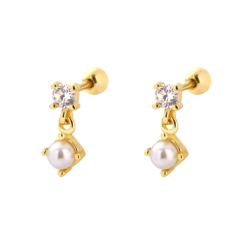 Pearl Stud Earrings Silver Diamond Screws My Store