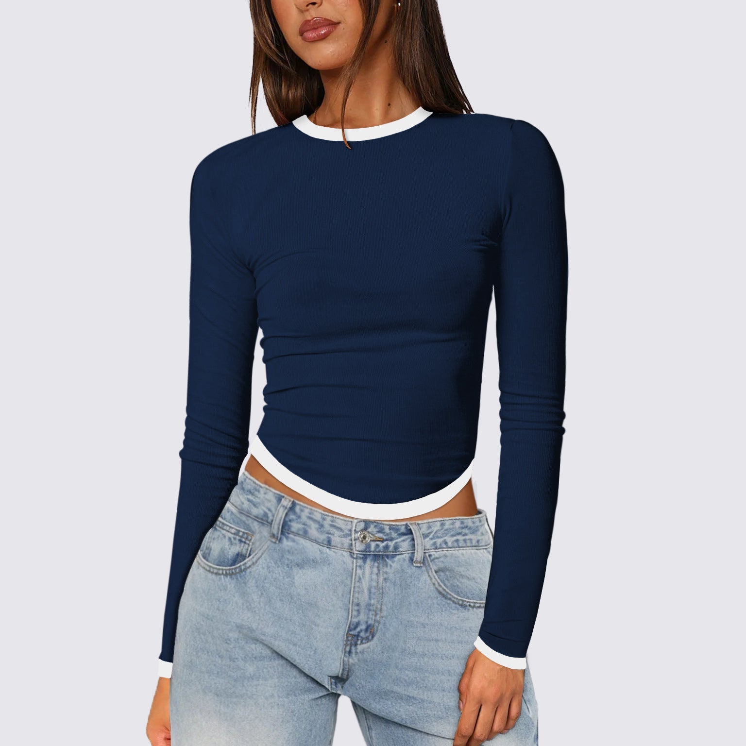 Women's Long-sleeved Round Neck Slim-fit Contrast Colors Short Pullover Top My Store