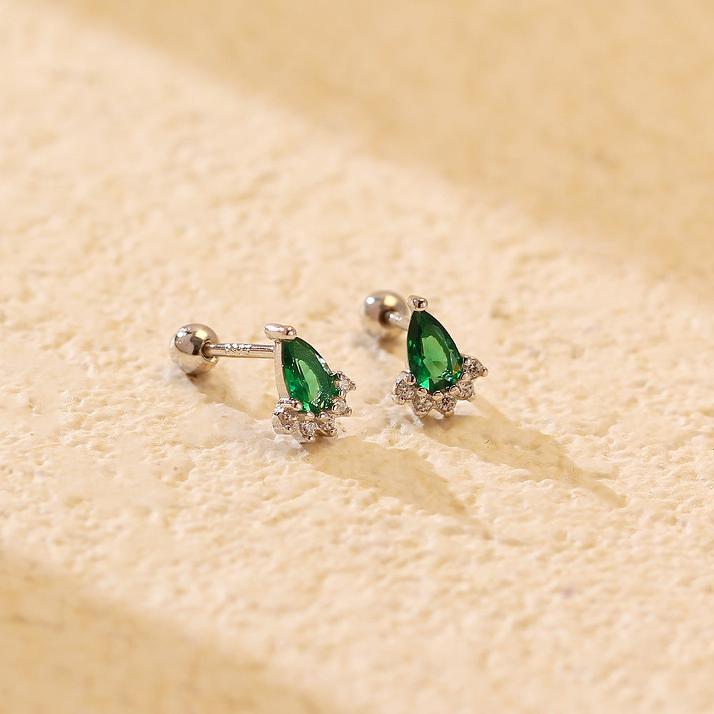 Ear Studs Silver Emerald Diamond Screw My Store