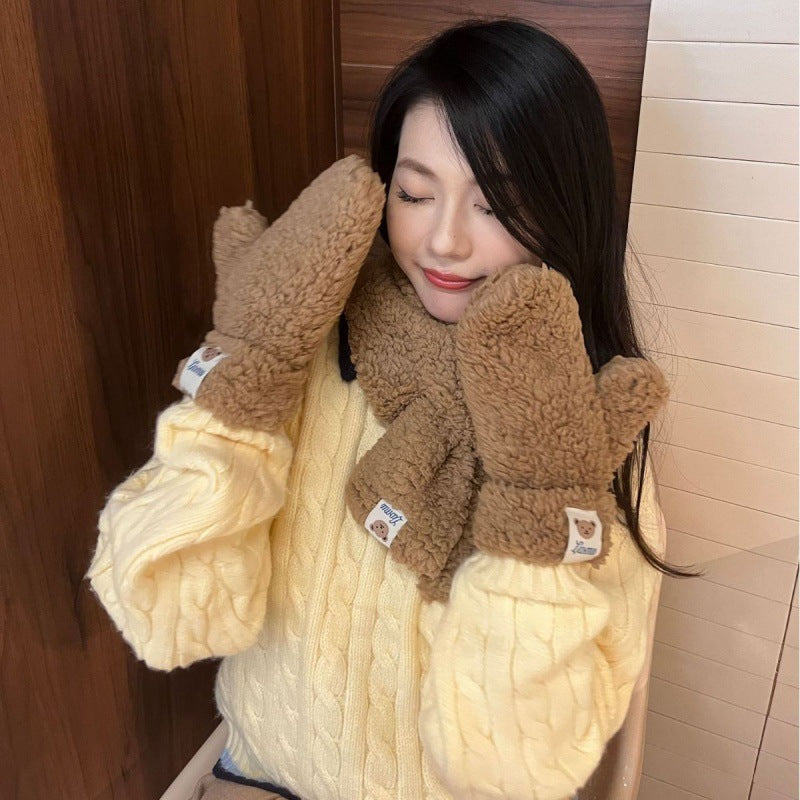 Cartoon Bear Plush Gloves Thickened Warm And Cute Scarf My Store