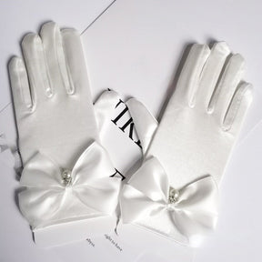 Wedding Gloves Satin Bow Elastic Dangling Beads Princess Style My Store