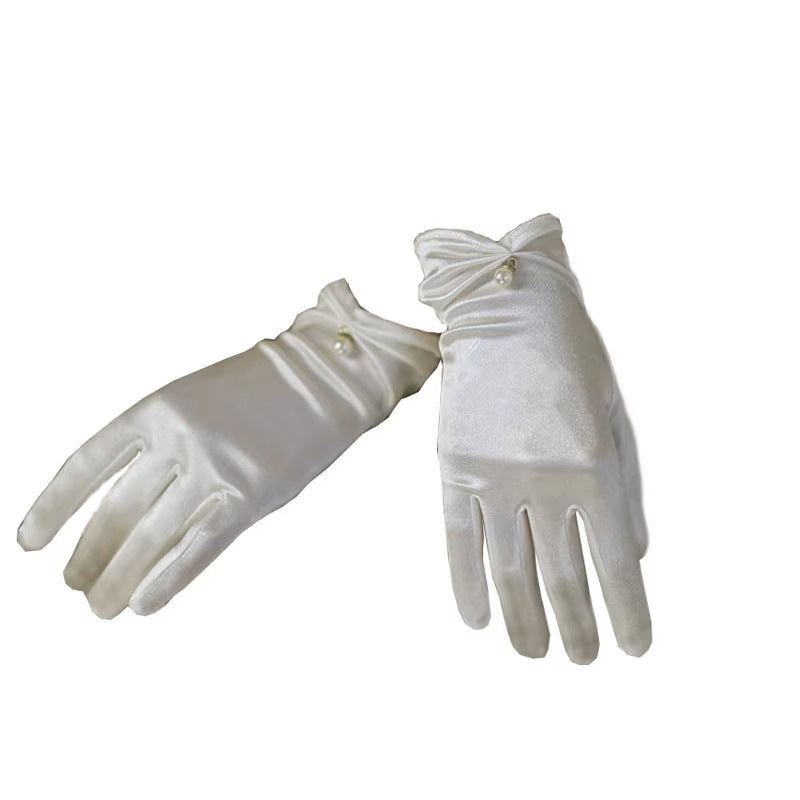 French Hepburn Style Short Pearl Satin Bridal Gloves My Store