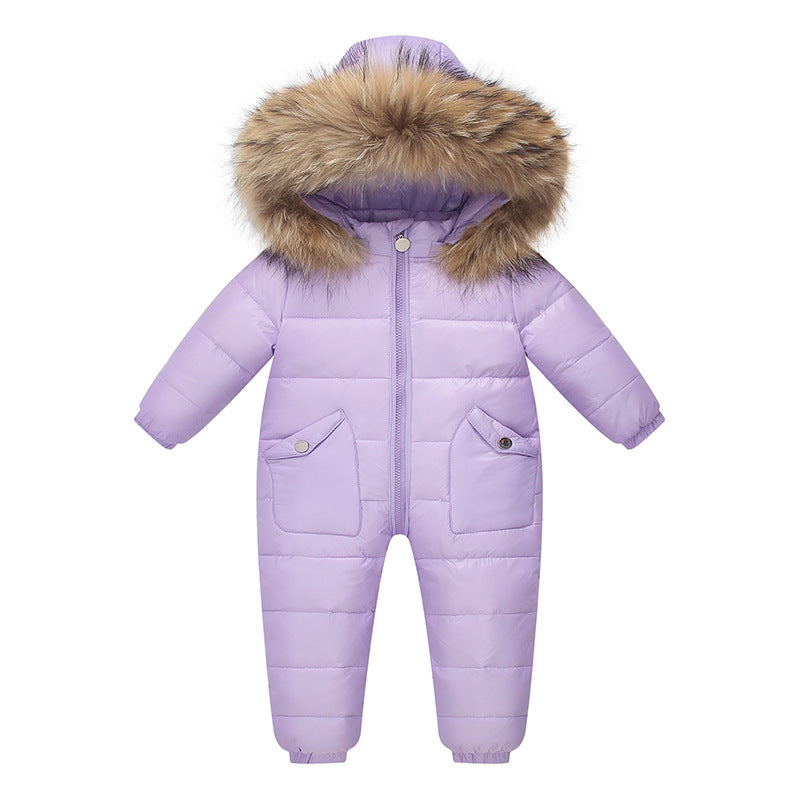 The Baby Wears White Eiderdown Over A Onesie And Down Jacket My Store