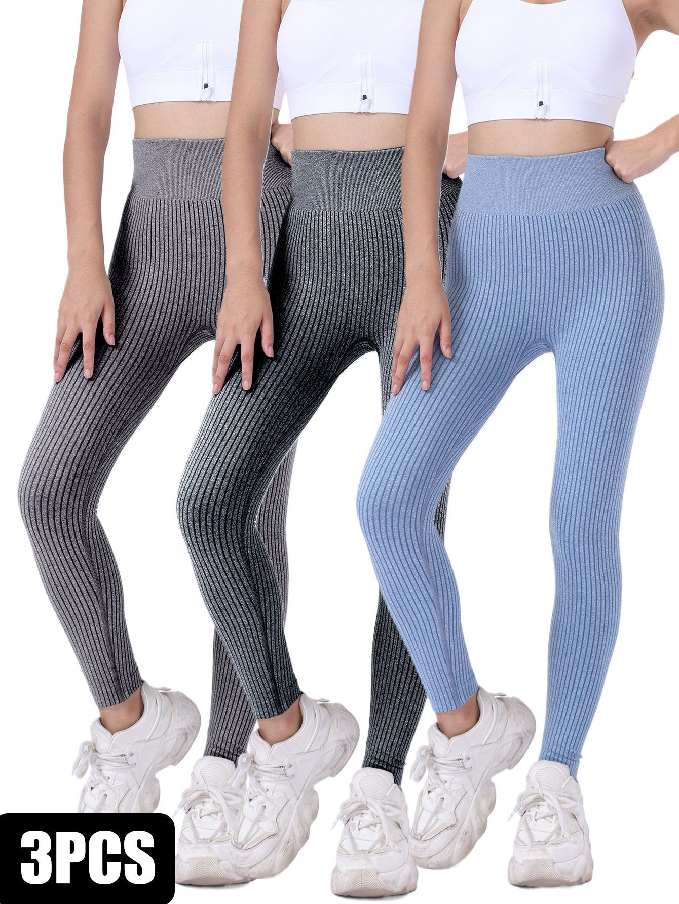 3 Pack Yoga Leggings Ribbed Seamless Workout High Waist  Over Athletic Exercise Leggings My Store