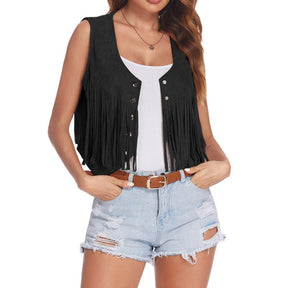 Vest Women's Suede Short Tassel Cardigan Sleeveless Retro My Store