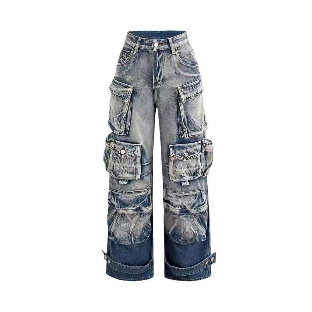 American Street Trendy Mixed Color Distressed Multi-pocket Workwear Jeans My Store