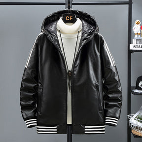 Winter Three Bars Hooded Leather Coat Coat Men My Store