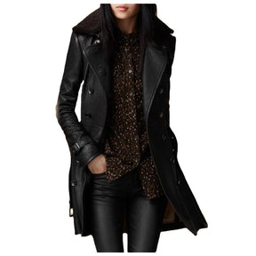 British Women's Fur Collar Leather Coat Mid-length My Store