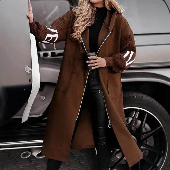 Hooded Windbreaker Long Jacket With Pockets And Drawstring Design Solid Color Knit-Sleeved Trench Coat For Women Clothing Fall Winter My Store