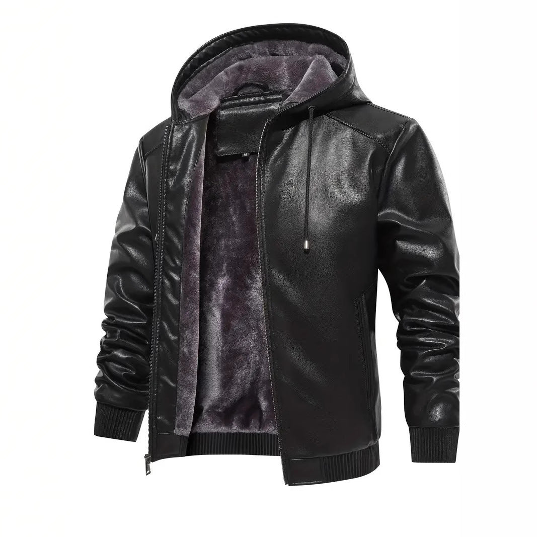 Winter Fleece-lined Men's Casual All-matching Hooded Leather Coat Coat My Store