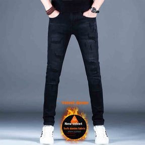 Ripped Fleece Padded Jeans Men's Stretch Casual Slim-fit Pants My Store