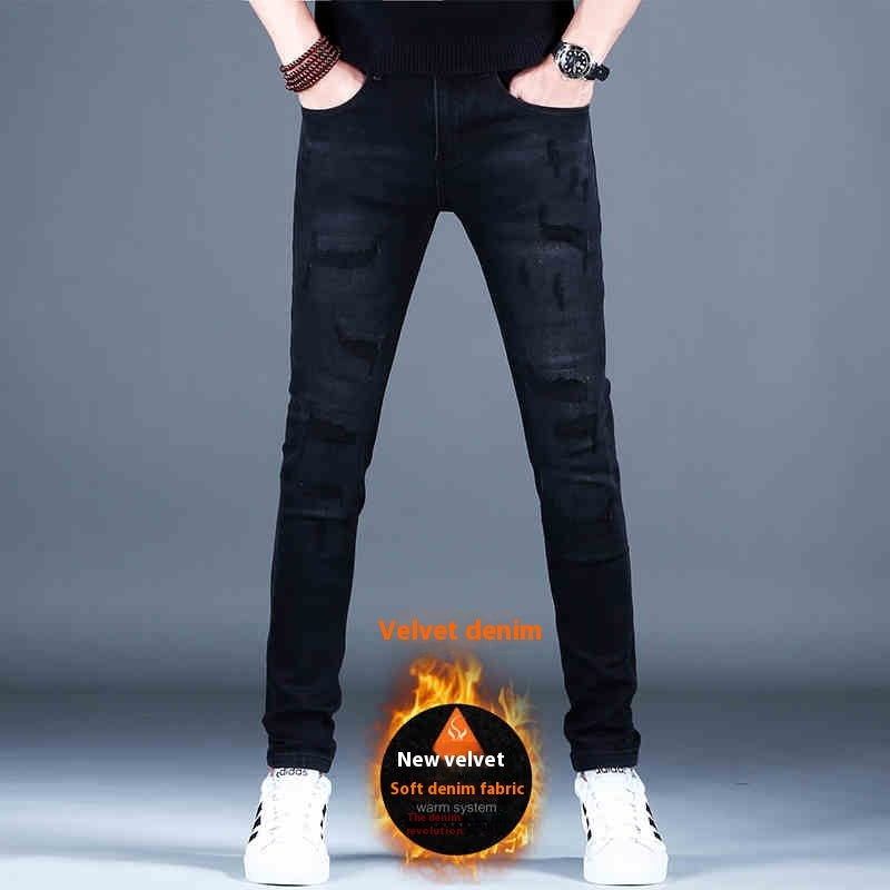 Ripped Fleece Padded Jeans Men's Stretch Casual Slim-fit Pants My Store