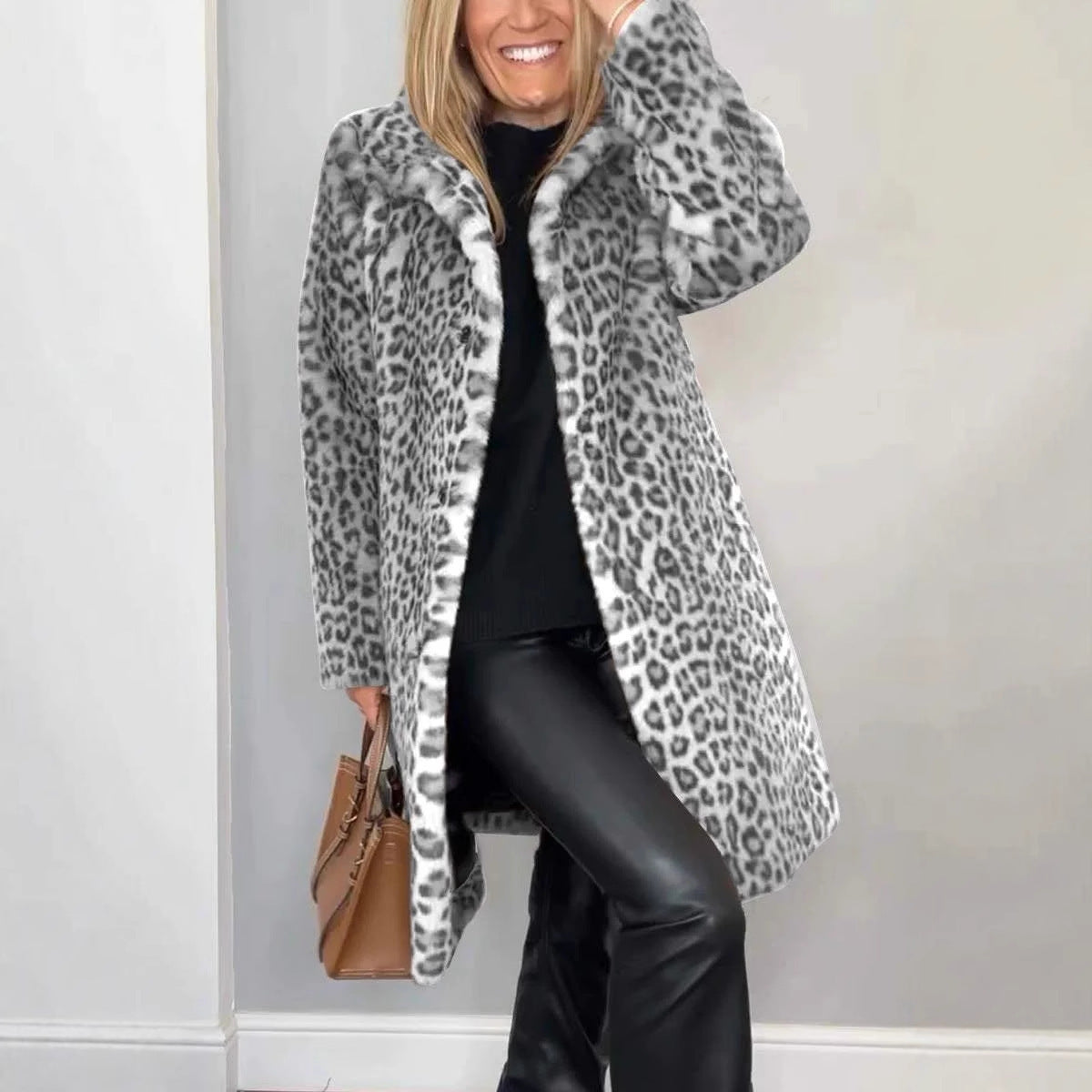 Fall Winter Leopard Print Plush Mid-length Coat My Store